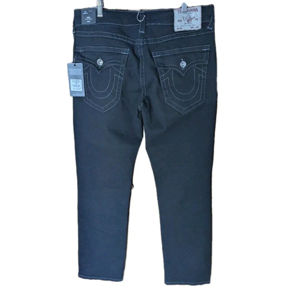 NWT True Religion Ricky Flap Pocket Relaxed Straight Rinse Black Jeans 34x32